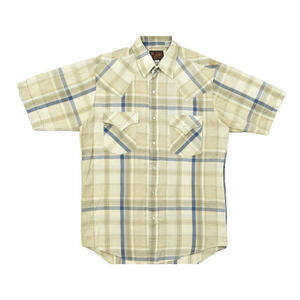 Plains Western Wear Shirt Mens Small S Tan Blue Plaid Short Sleeve Pearl Snap